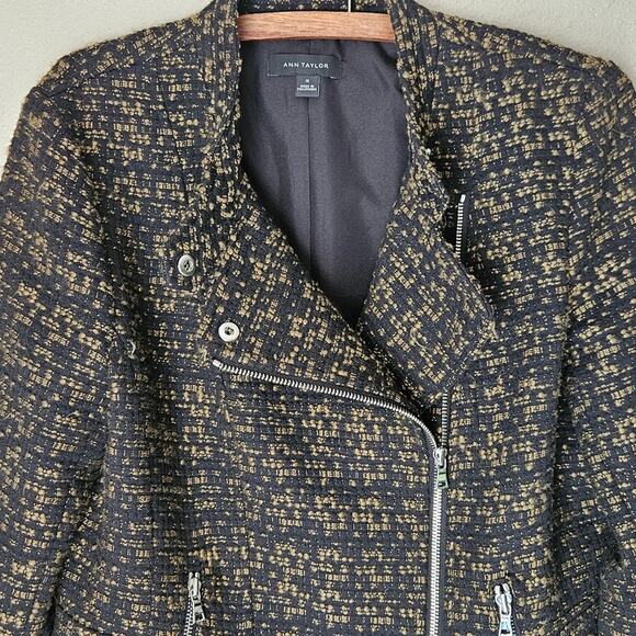 Tweed Moto Jacket Ann Taylor Green & Black Size 10 Business Casual Biker Style - Picture 7 of 10